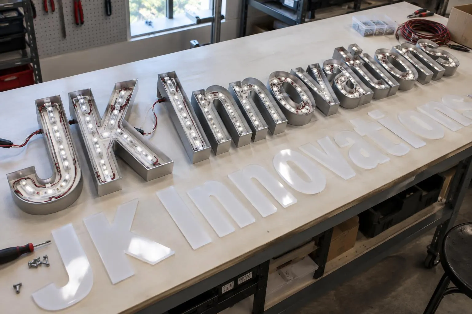 Open JK Innovations channel letters with LED modules and acrylic faces â€” AI-generated mockup