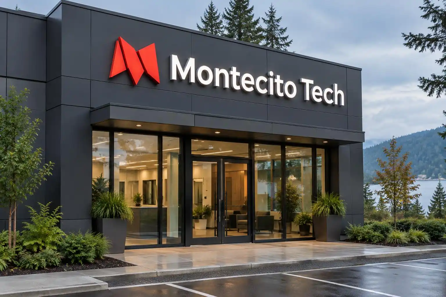 Montecito Tech storefront with dimensional illuminated channel letters — AI-generated mockup