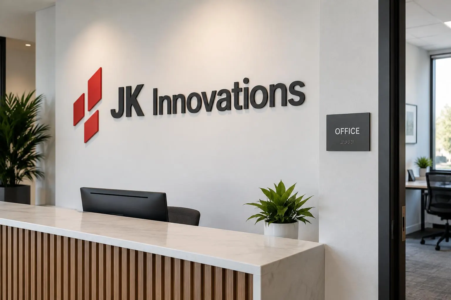 JK Innovations reception branding and interior room signage — AI-generated mockup