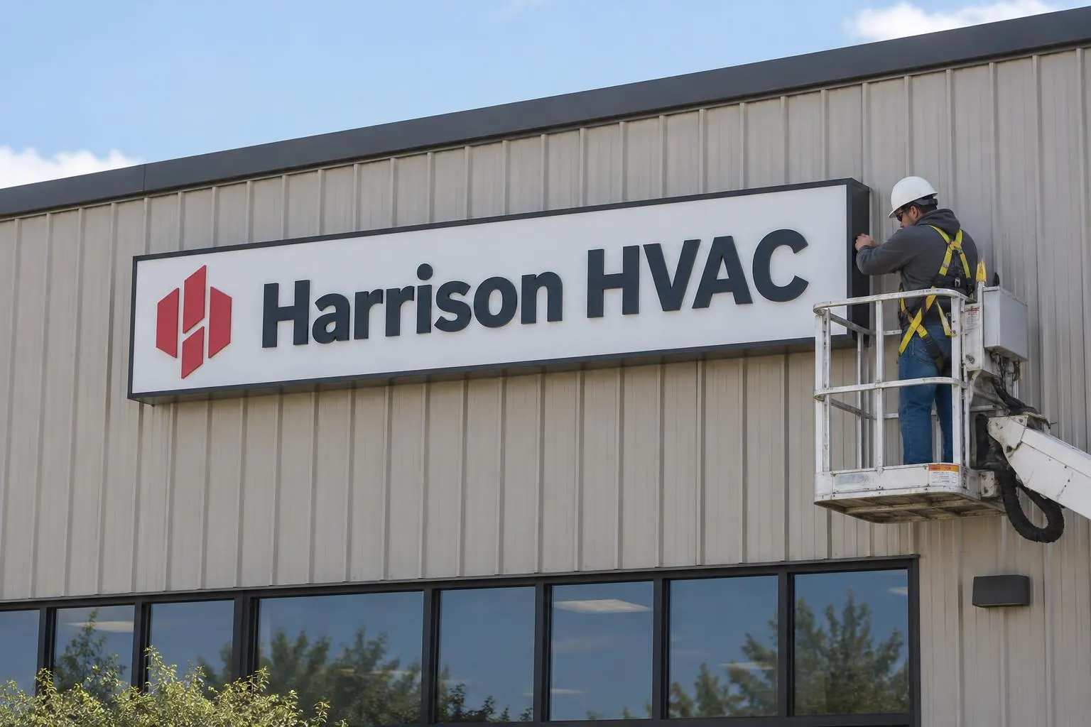 Technician inspecting a Harrison HVAC sign from a boom lift â€” AI-generated mockup