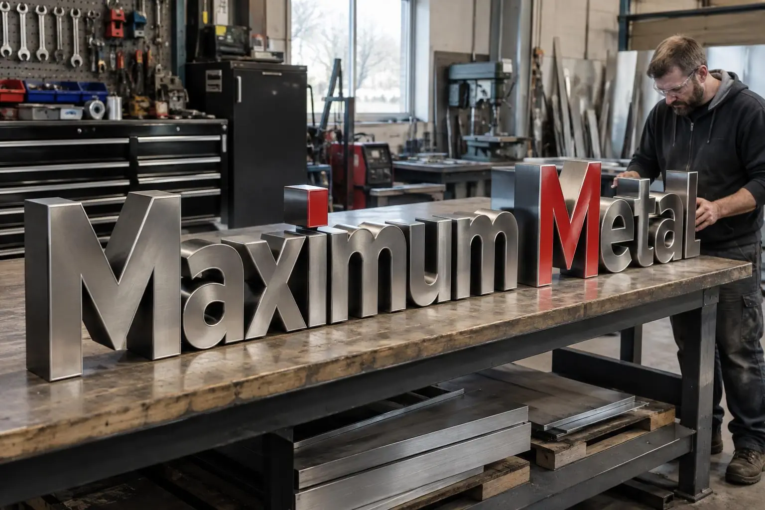 Maximum Metal dimensional letters on a fabrication workbench — AI-generated mockup