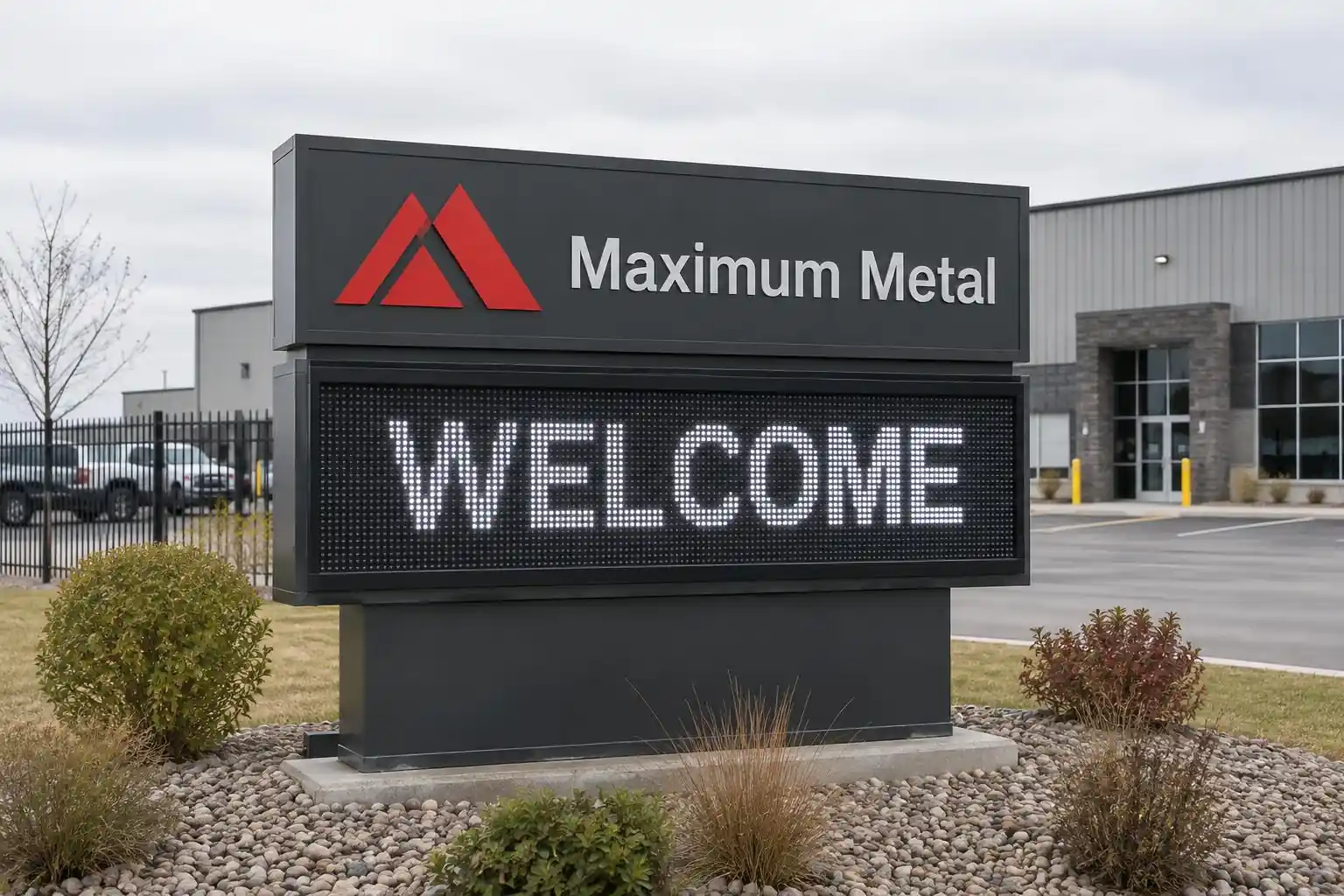 Maximum Metal electronic message center displaying WELCOME — AI-generated mockup