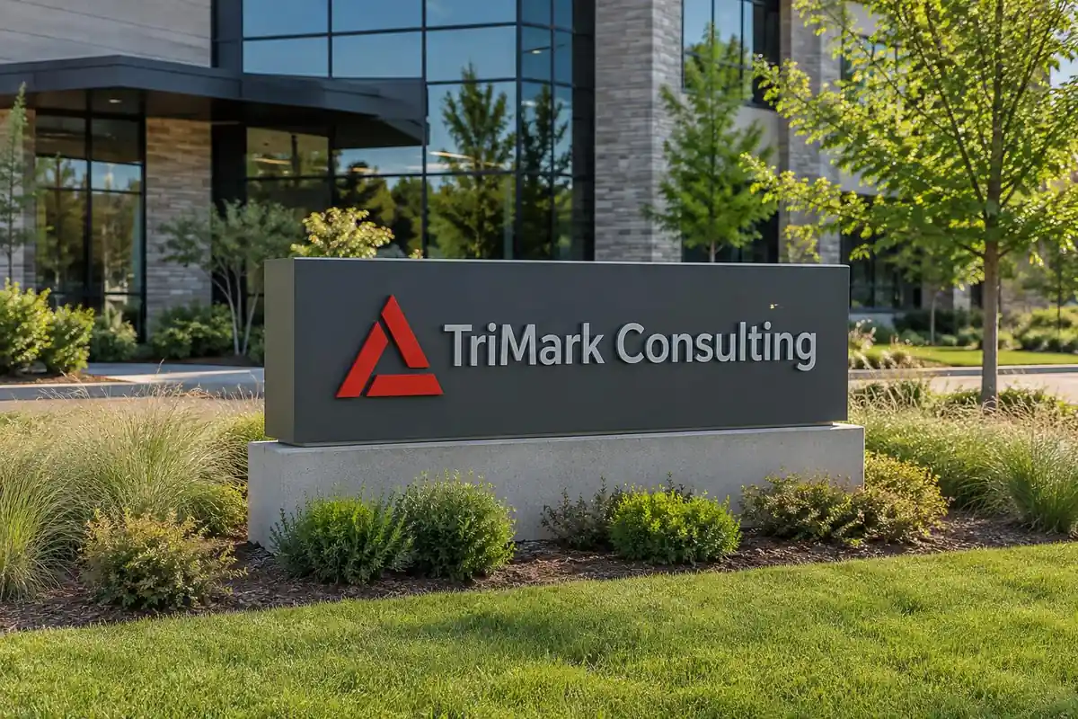 TriMark Consulting monument sign at an office entrance — AI-generated mockup