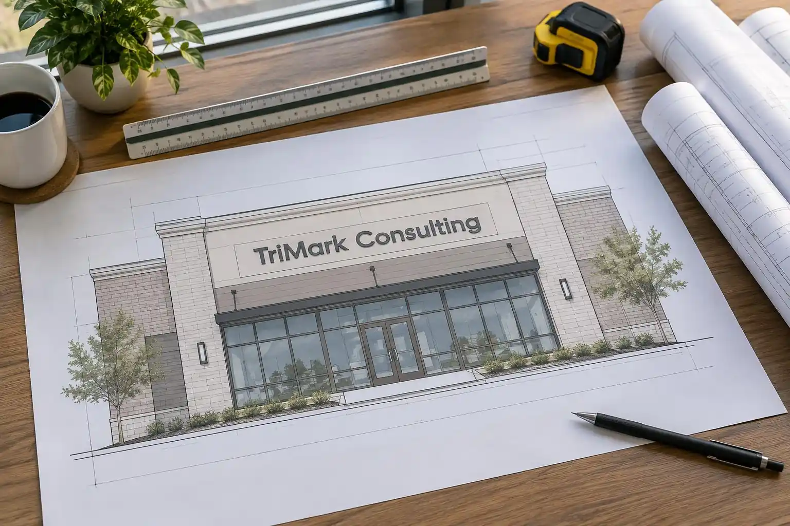 TriMark Consulting storefront elevation drawing on a planning desk — AI-generated mockup