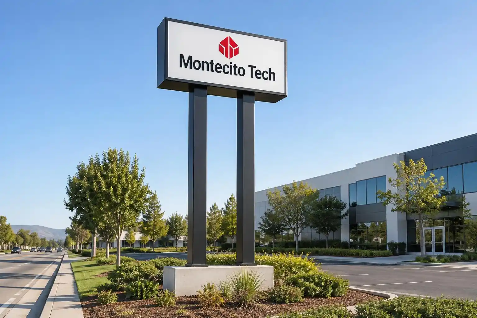 Montecito Tech pylon sign with twin structural columns â€” AI-generated mockup