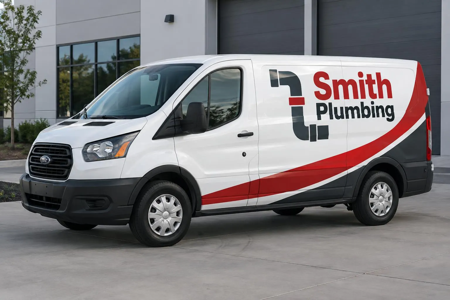 Smith Plumbing commercial van with red and charcoal graphics — AI-generated mockup