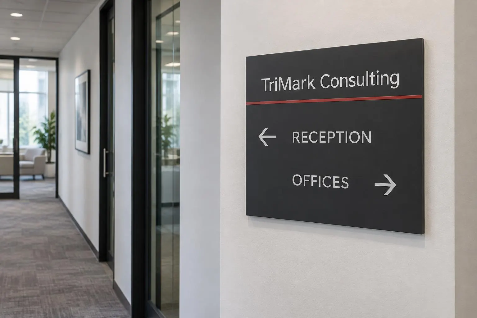 TriMark Consulting directional sign for reception and offices â€” AI-generated mockup