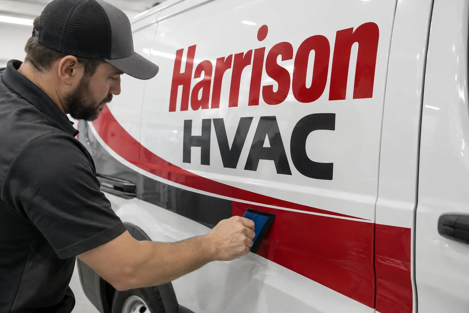 Installer smoothing Harrison HVAC vehicle graphics — AI-generated mockup
