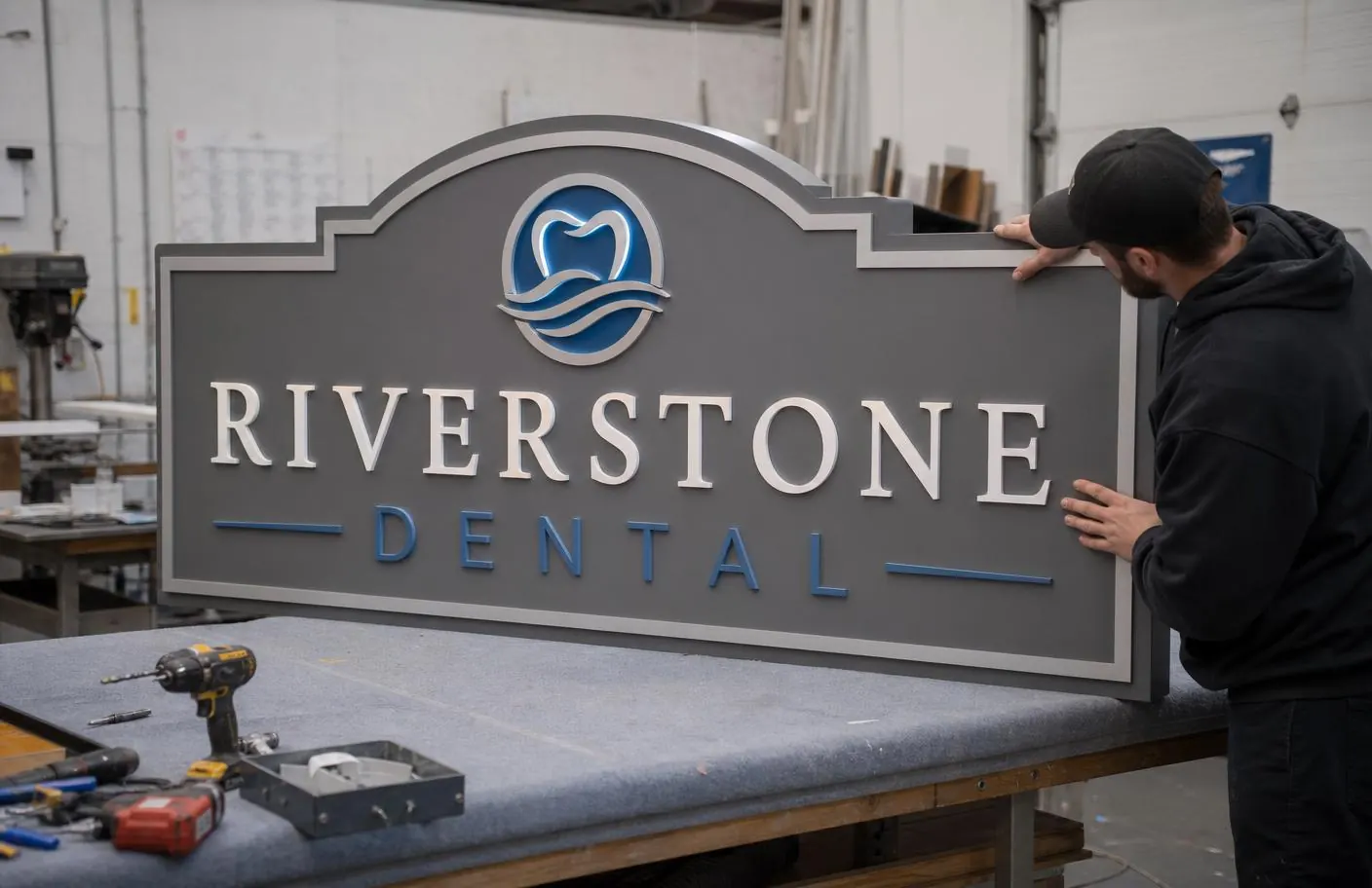 Sign fabrication in progress while permit review runs in parallel