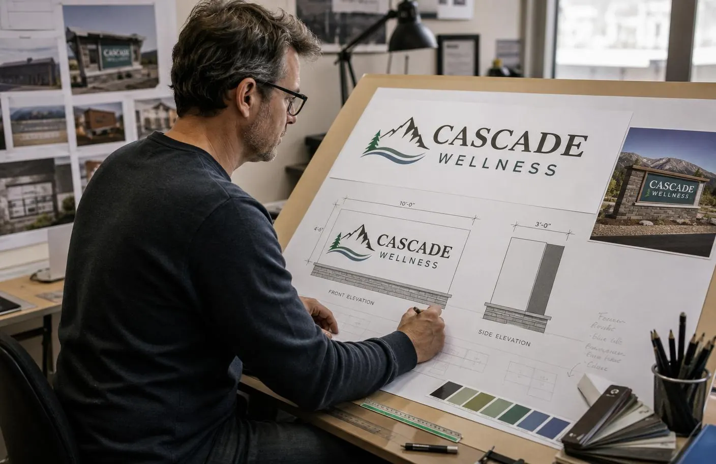 Designer vector-tracing a raster logo for sign production
