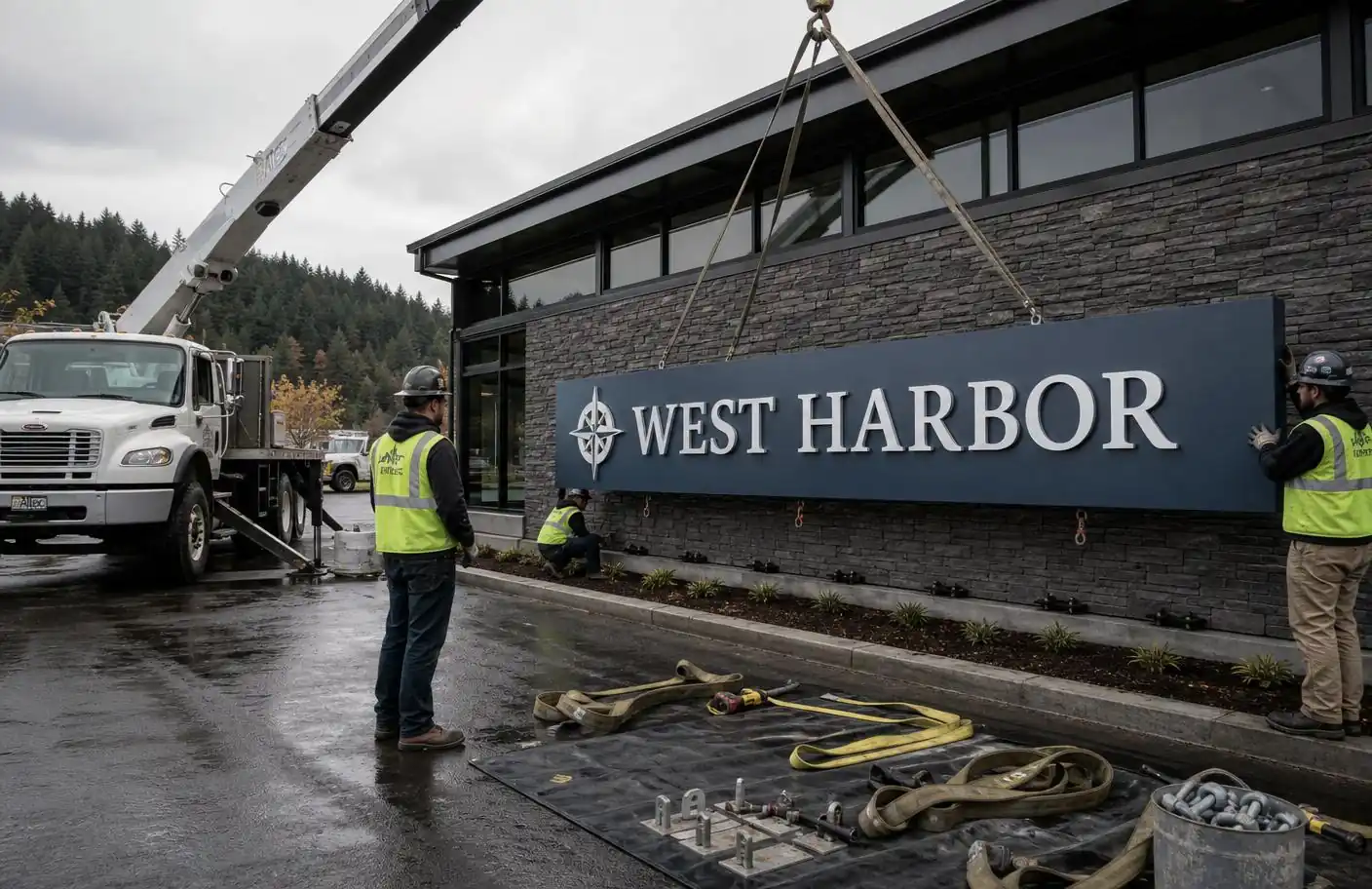 Sign installer confirming permit documentation on site before install