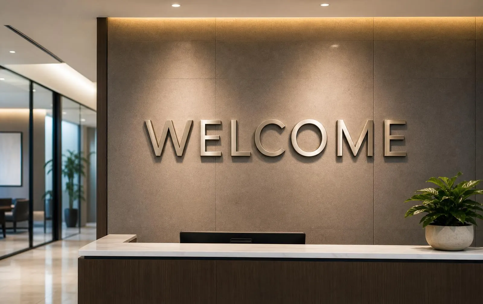Dimensional logo lobby sign behind a reception desk