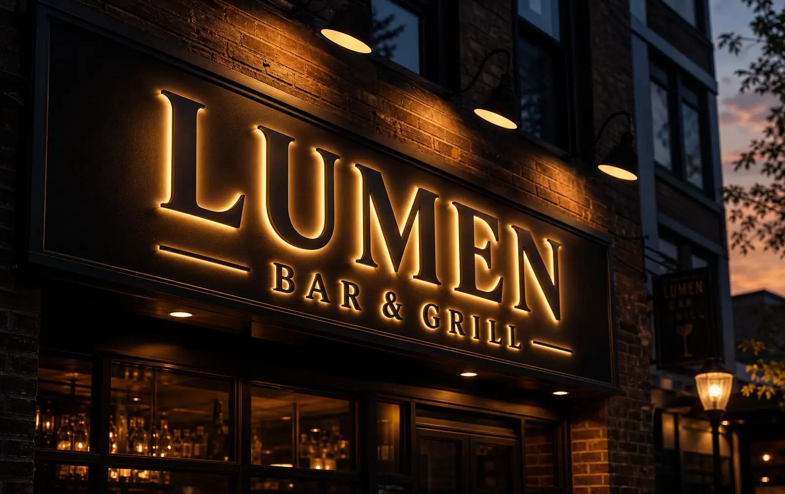 Front-lit channel letters glowing on a storefront at night