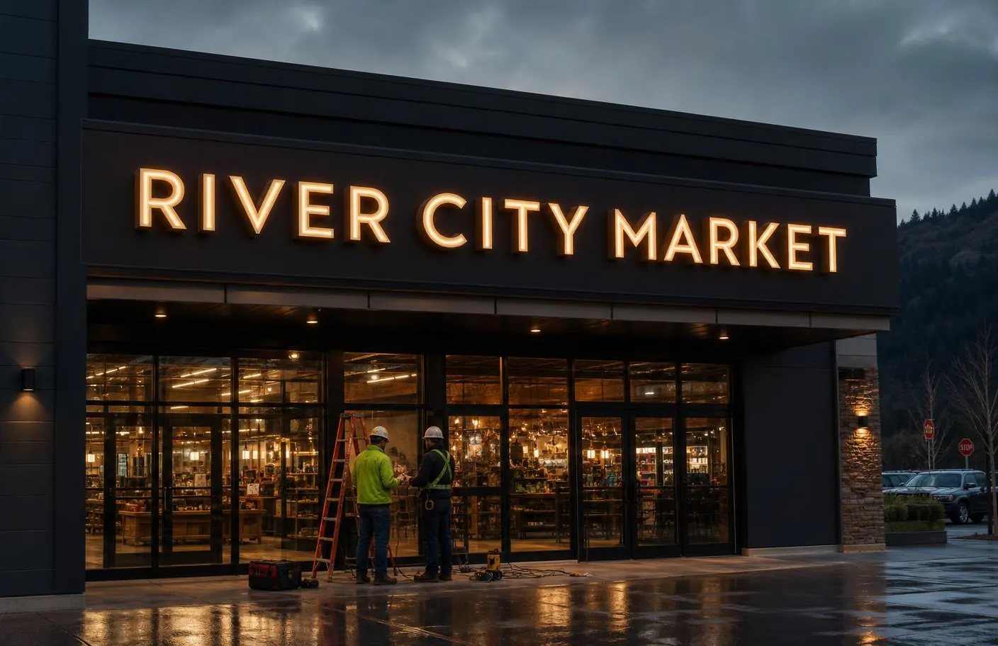 Illuminated business sign lit at dusk in Southwest Washington