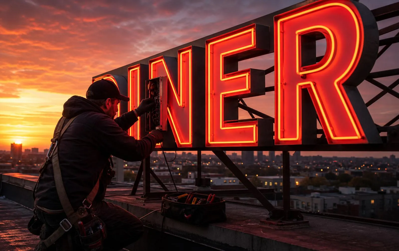 Sign technician inspecting a business sign for storm damage