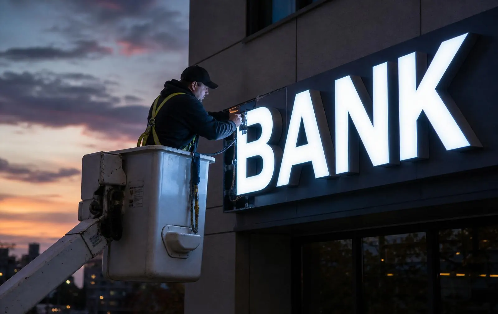 Illuminated sign inspected at dusk after a storm