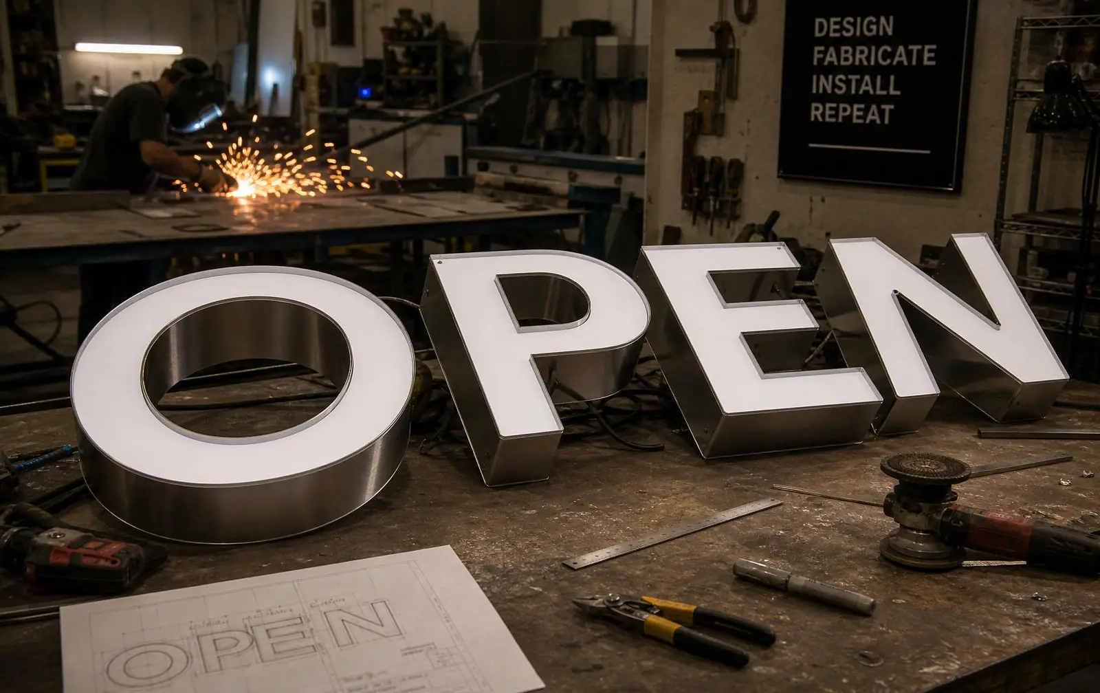 Aluminum, acrylic, and PVC sign material samples in the ESCO shop