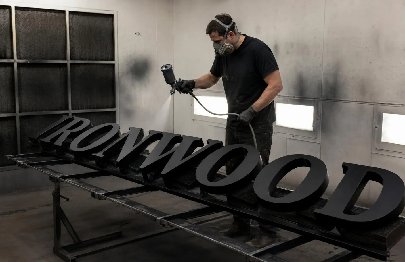 In-house sign fabrication floor with quality control checks in progress
