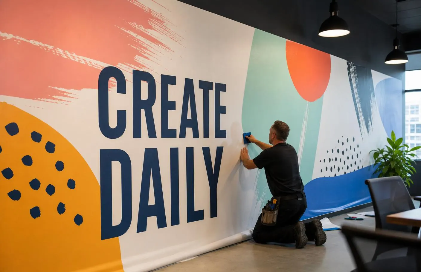 Branded conference room wall graphic beyond a simple centered logo