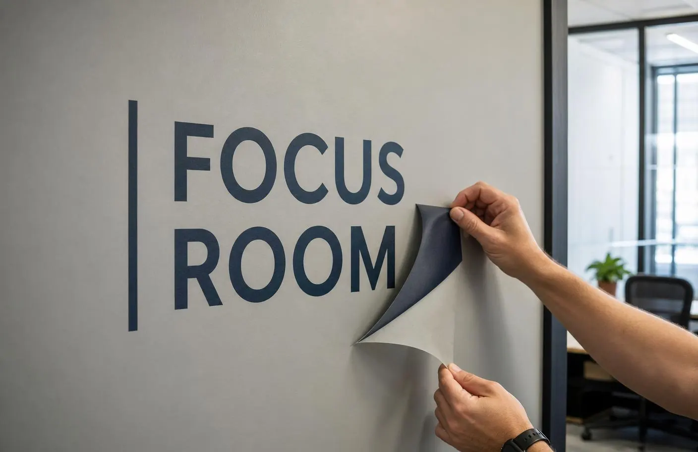 Conference room name integrated into a branded wall graphic