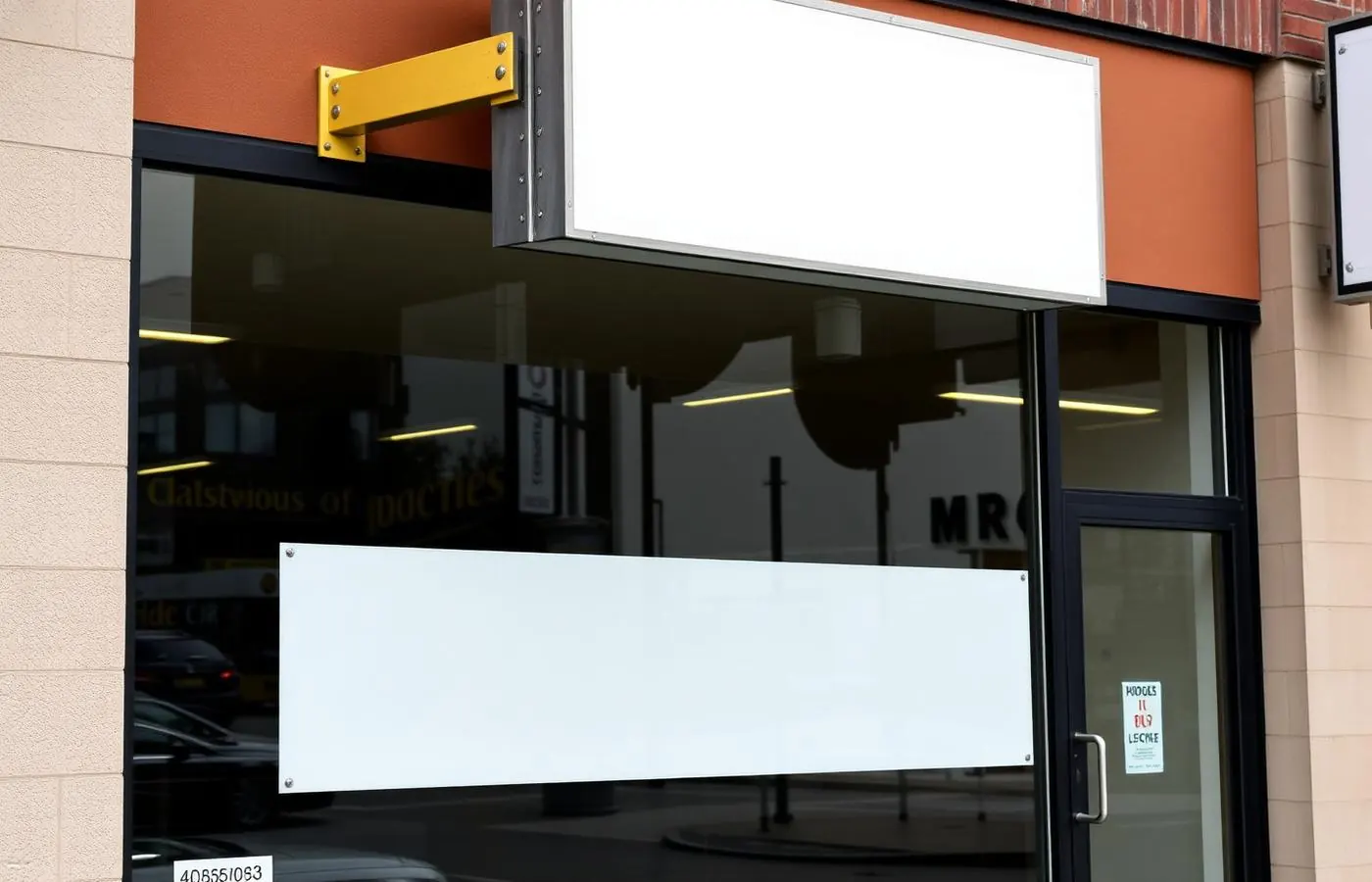 Storefront with awning signage next to a building with channel letters