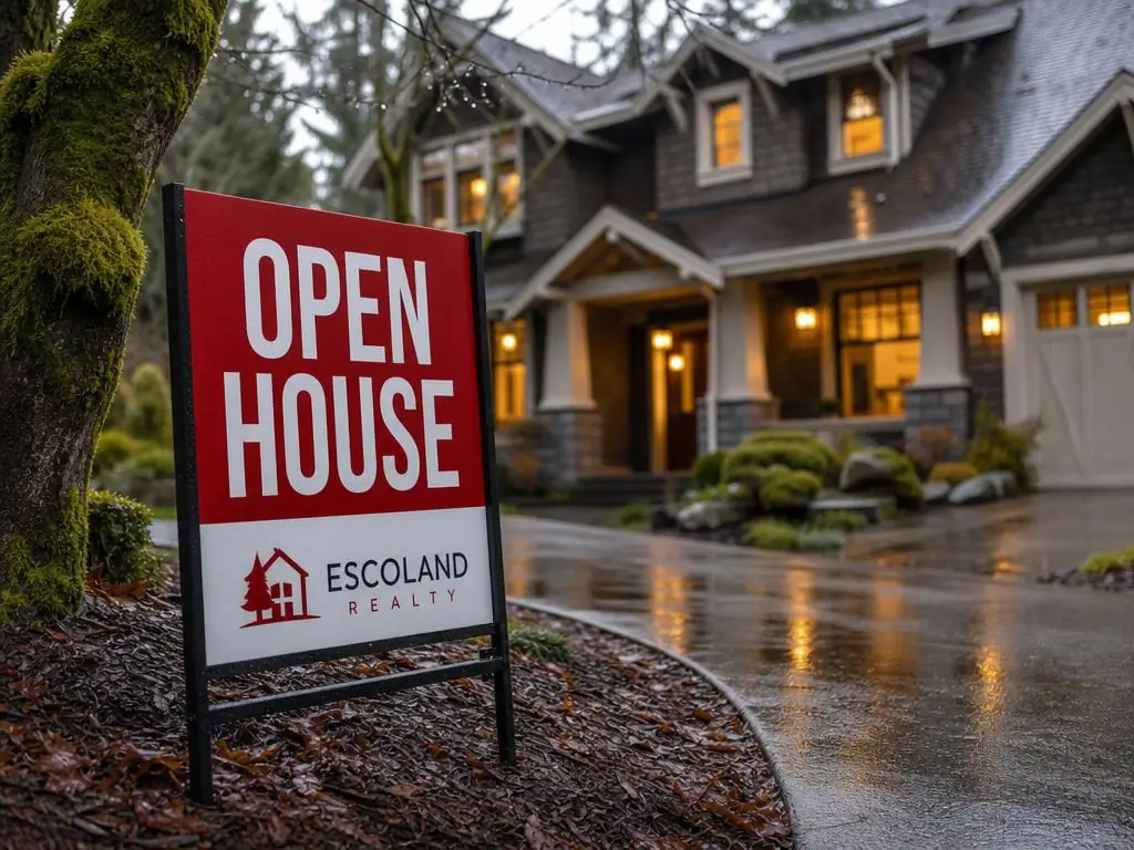 Real estate yard sign with rider panels in a residential front yard